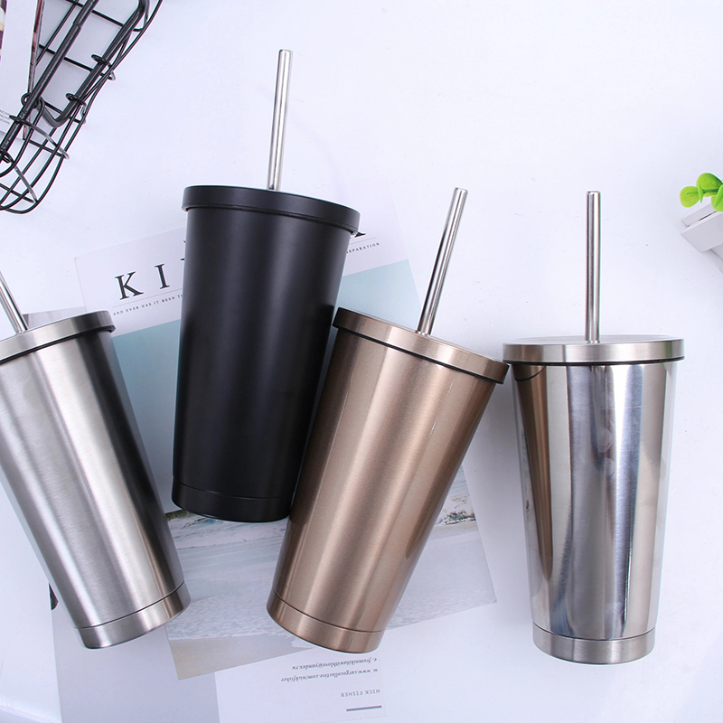 16oz Eco-Friendly Bulk Matte Black Insulation Travel Wine Reusable Double Wall Stainless Steel Cup Tumbler With Straw and Lid