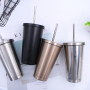 16oz Eco-Friendly Bulk Matte Black Insulation Travel Wine Reusable Double Wall Stainless Steel Cup Tumbler With Straw and Lid
