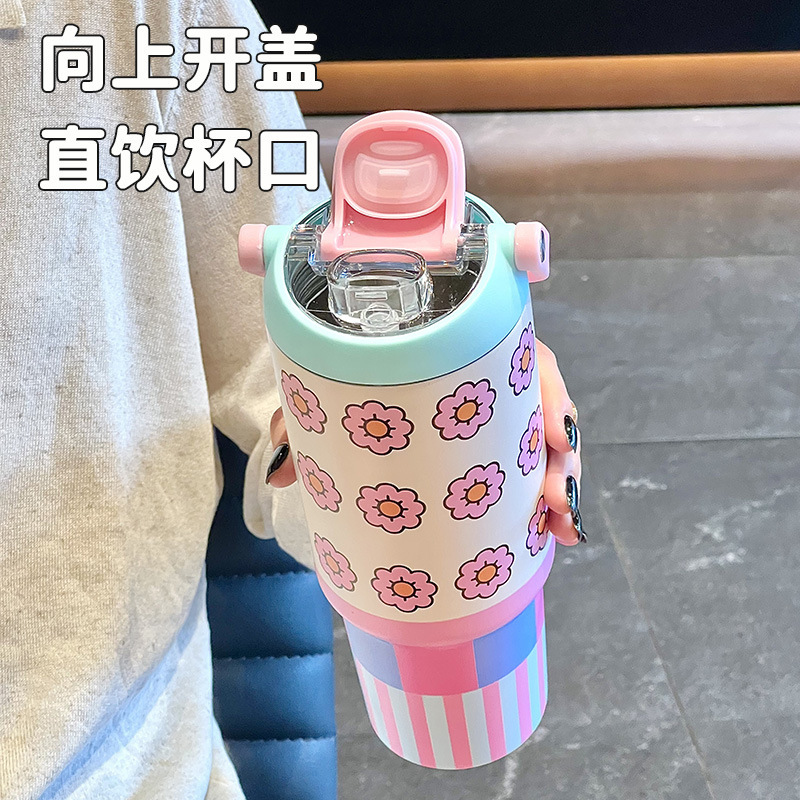 STARLII Double Wall Vacuum 900ml Outdoor Cute pInk Travel Coffee Mugs Metal Insulated Tumbler With Handle and Sip Straw