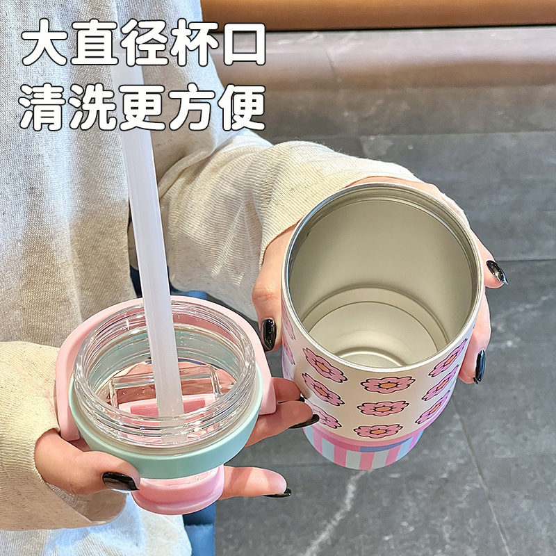 STARLII Double Wall Vacuum 900ml Outdoor Cute pInk Travel Coffee Mugs Metal Insulated Tumbler With Handle and Sip Straw