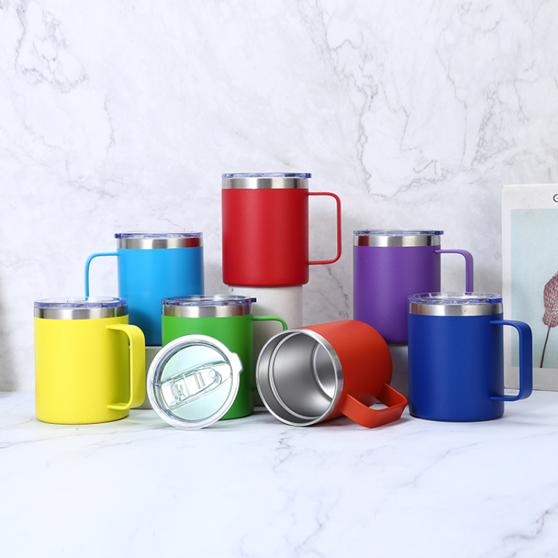 12oz Custom Wholesale Double Wall Stainless Steel Mugs and Cup with Handle & Lid Vacuum Coffee Tumbler Handgrip Water Bottle