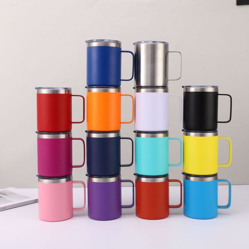 12oz Custom Wholesale Double Wall Stainless Steel Mugs and Cup with Handle & Lid Vacuum Coffee Tumbler Handgrip Water Bottle