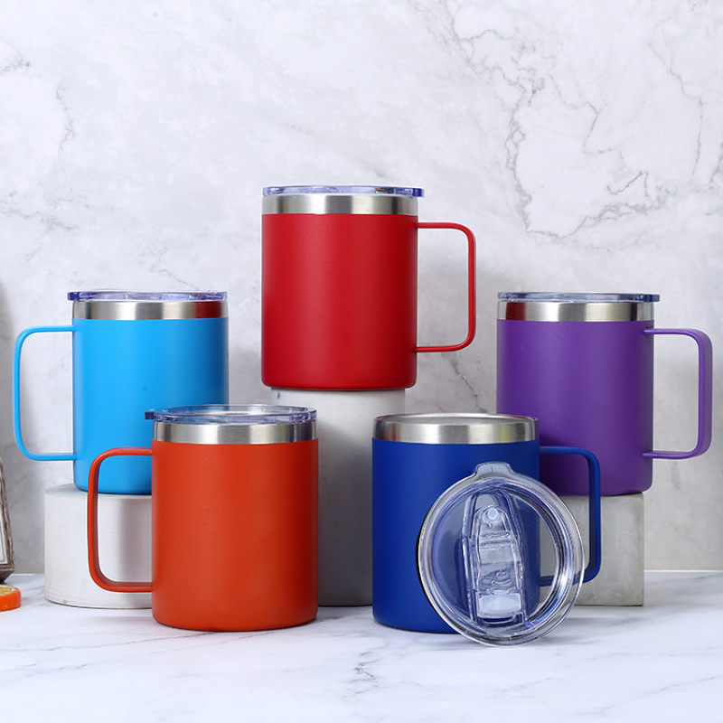 12oz Stainless Steel Mugs and Cup Wholesale with Handle Lid Double Wall Vacuum Coffee Travel Tumbler Handgrip Water Bottle