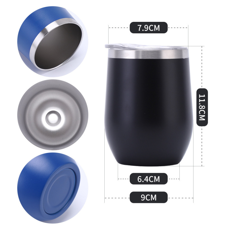 12oz Egg Shape Tumbler Cups 304 Stainless Steel Double Structure Stemless Wine Coffee Mug Lid Powder Coated Travel Tumblers