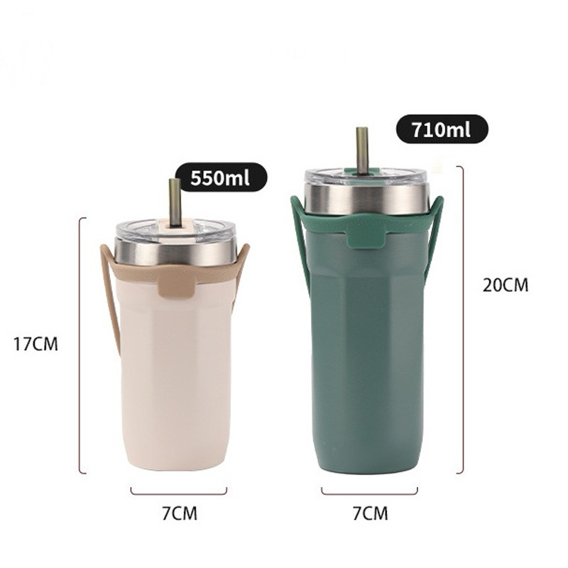 550ml/710ml Stainless Steel Double Wall Coffee Travel Mug with Lid and Straw Insulated Cup with Silicone Rope Custom logo