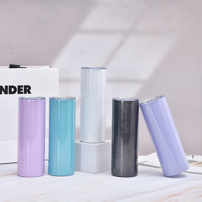 New design 20oz stainless steel insulated vacuum rainbow glitter skinny straight tumblers travel outdoor mug