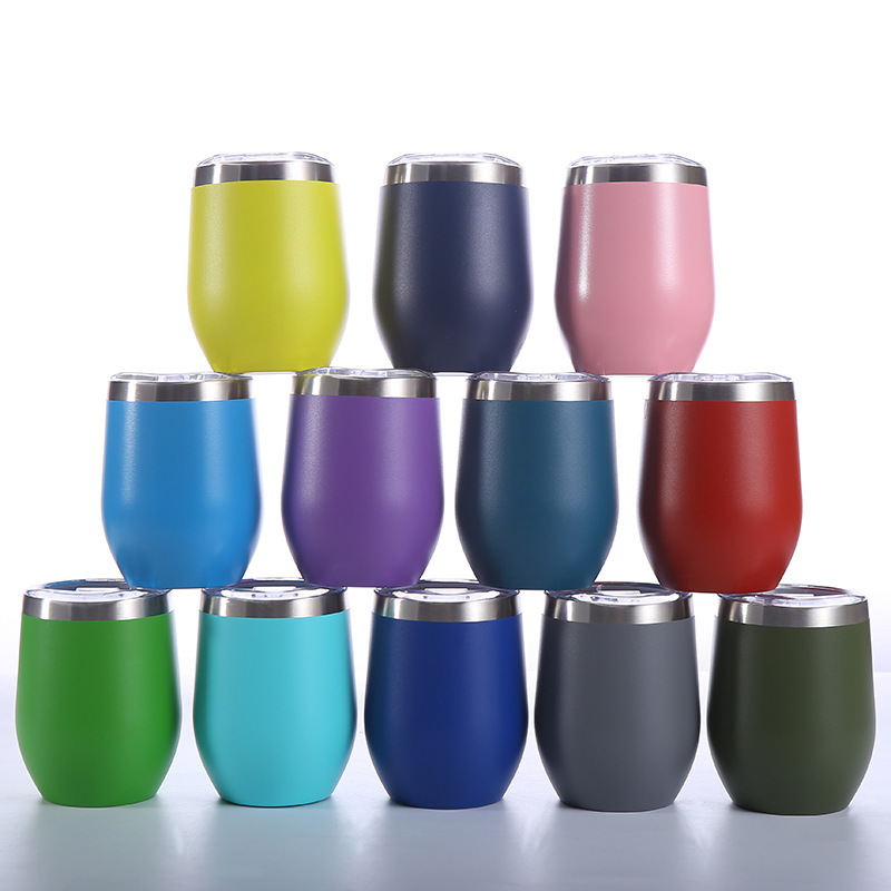 12 oz Egg Stainless Steel Thermal Wine Tumbler Insulated Stemless Travel Wine Glass Coffee Cup with Lid and Reusable Straw