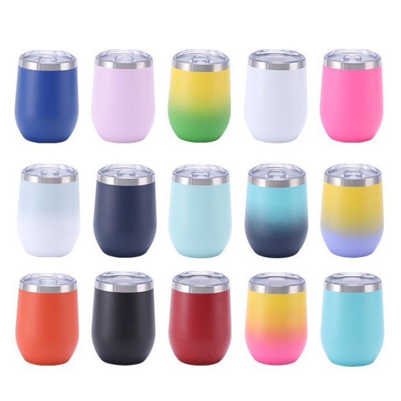 12 oz Egg Stainless Steel Thermal Wine Tumbler Insulated Stemless Travel Wine Glass Coffee Cup with Lid and Reusable Straw