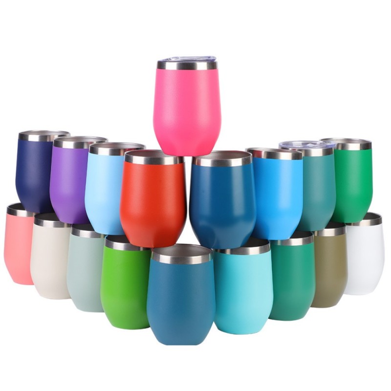 12 oz Egg Stainless Steel Thermal Wine Tumbler Insulated Stemless Travel Wine Glass Coffee Cup with Lid and Reusable Straw