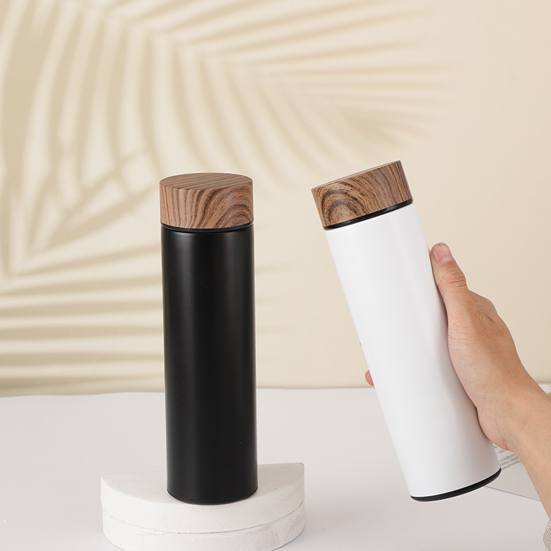 Wholesale 500ml Stainless Steel Insulated Vacuum Flasks Hot Thermal Performance Tea Infuser Water Bottle With Wooden Grain Lid