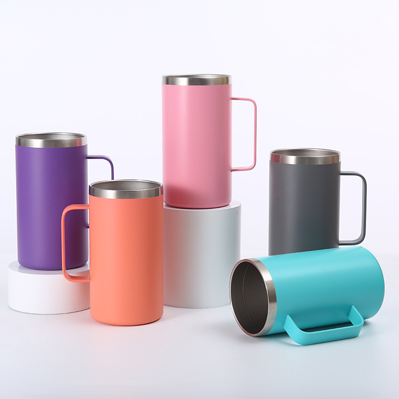 Popular 24oz Powder Coated Double Wall Mug Stainless Steel Travel Coffee Mug With Handle for Camping Hiking Outdoor with Lid