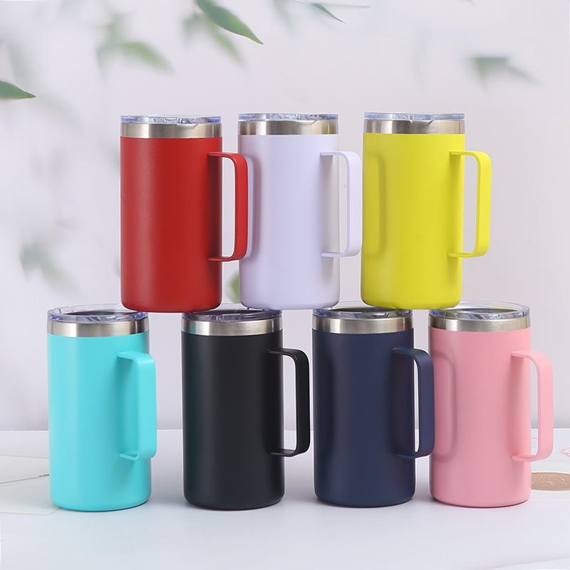 Popular 24oz Powder Coated Double Wall Mug Stainless Steel Travel Coffee Mug With Handle for Camping Hiking Outdoor with Lid