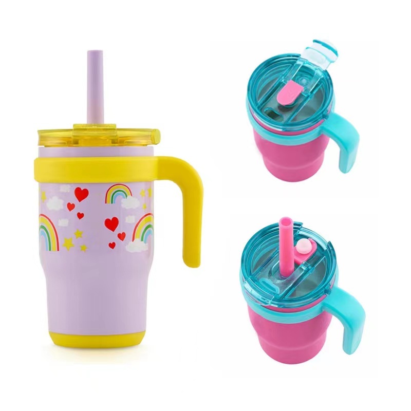 New Custom Children Water Bottle Cup With Handle 304 Stainless Steel Insulated Cup 14oz Sippy Cup Tumbler With Straw for Kids