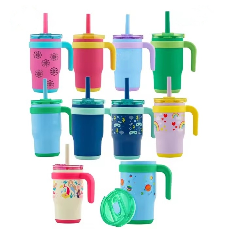 New Custom Children Water Bottle Cup With Handle 304 Stainless Steel Insulated Cup 14oz Sippy Cup Tumbler With Straw for Kids