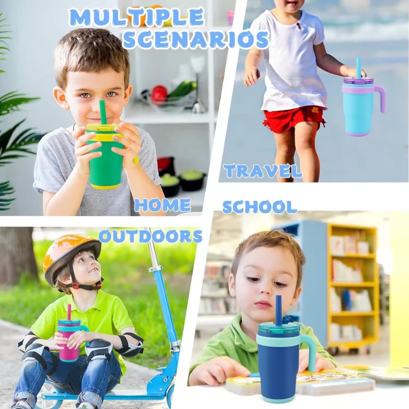 New Custom Children Water Bottle Cup With Handle 304 Stainless Steel Insulated Cup 14oz Sippy Cup Tumbler With Straw for Kids