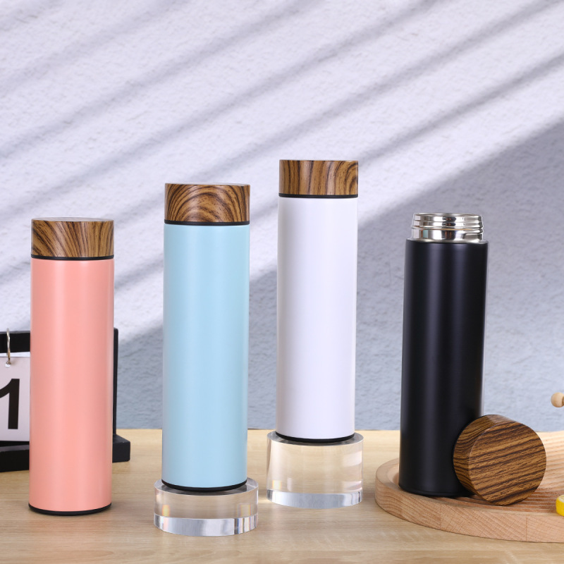 Wood Grain Lid Cover Straight Termos Stainless Steel Flask Thermos Wooden Pattern Lid Thermal Cup Water Bottle with Tea Infuser
