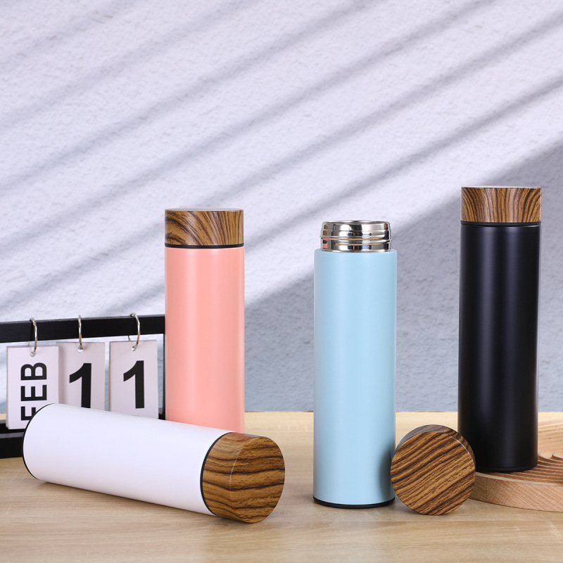 Wood Grain Lid Cover Straight Termos Stainless Steel Flask Thermos Wooden Pattern Lid Thermal Cup Water Bottle with Tea Infuser