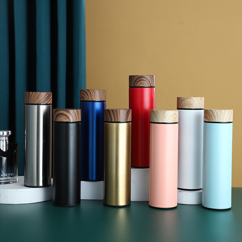 Wood Grain Lid Cover Straight Termos Stainless Steel Flask Thermos Wooden Pattern Lid Thermal Cup Water Bottle with Tea Infuser