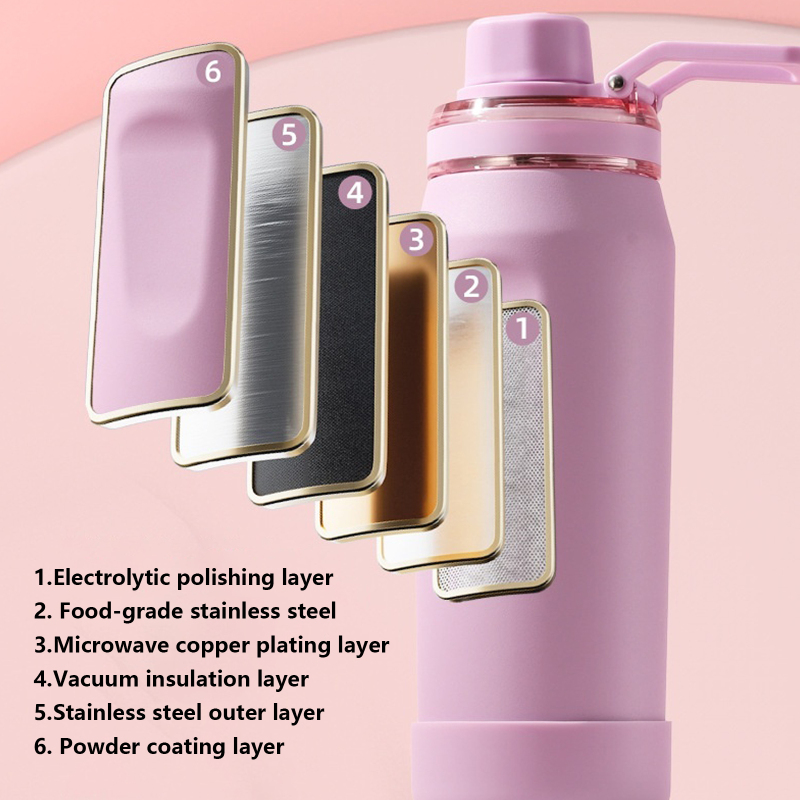 Custom logo Simple Straight Portable Vacuum Water Bottle Large Capacity Double Wall Stainless Steel Thermos Bottle with Handle