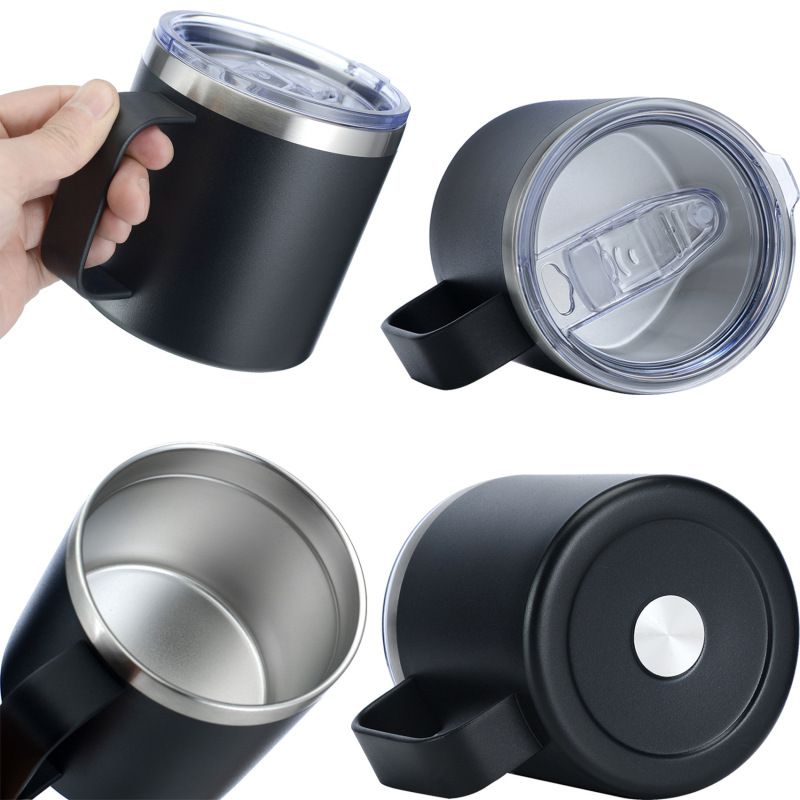 Wholesale BPA-free 14oz Double Wall Stainless Steel Travel Coffee Mugs Unique Powder Coated Regular Tumbler with Handle&lid