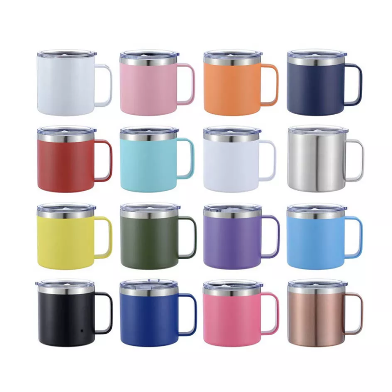 Wholesale BPA-free 14oz Double Wall Stainless Steel Travel Coffee Mugs Unique Powder Coated Regular Tumbler with Handle&lid