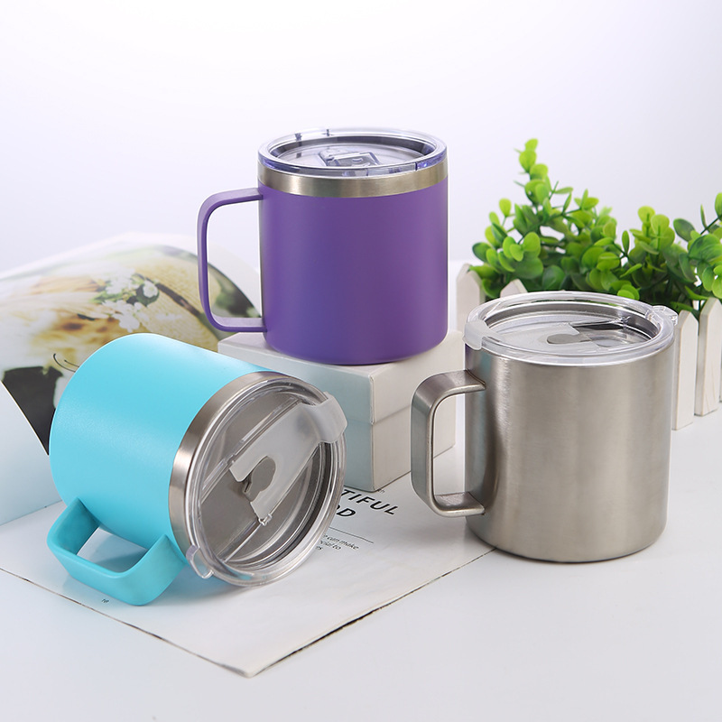 Wholesale BPA-free 14oz Double Wall Stainless Steel Travel Coffee Mugs Unique Powder Coated Regular Tumbler with Handle&lid