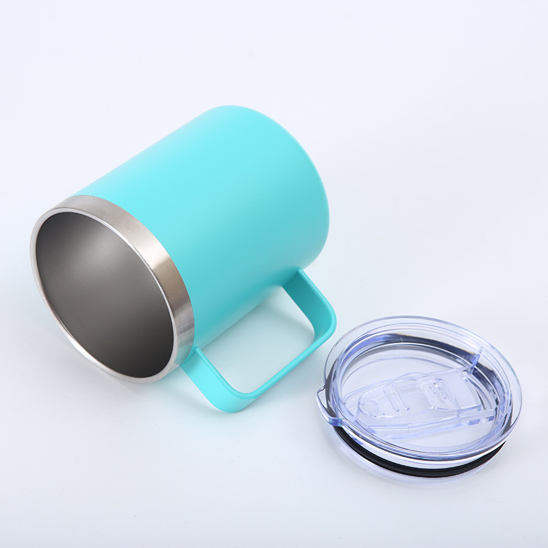 Wholesale BPA-free 14oz Double Wall Stainless Steel Travel Coffee Mugs Unique Powder Coated Regular Tumbler with Handle&lid