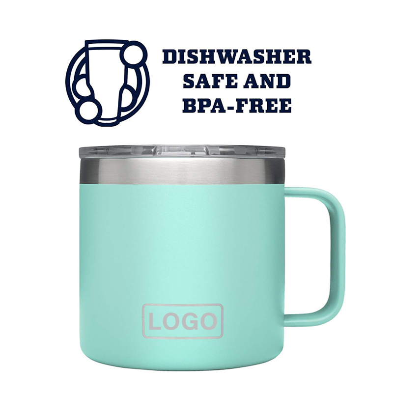 Wholesale BPA-free 14oz Double Wall Stainless Steel Travel Coffee Mugs Unique Powder Coated Regular Tumbler with Handle&lid