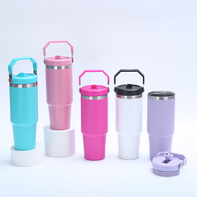 Wholesale Price Stainless Steel Flip Straw 30oz Tumbler With Handle Matte Colored Blank Sublimation Insulated Vacuum Tumbler Mug