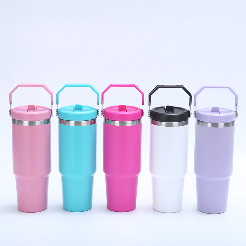 Wholesale Price Stainless Steel Flip Straw 30oz Tumbler With Handle Matte Colored Blank Sublimation Insulated Vacuum Tumbler Mug