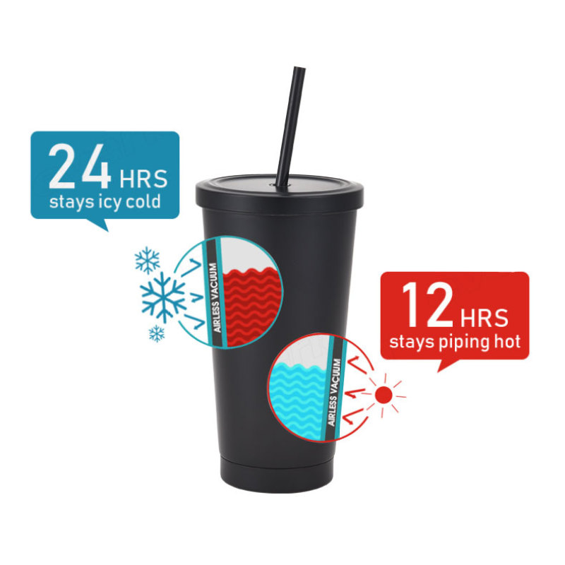 16oz Sport Metal Termos Double Wall Vacuum Water Bottle Drink Coffee Cup Outdoors Driving Travel Tumbler Mug with Straw