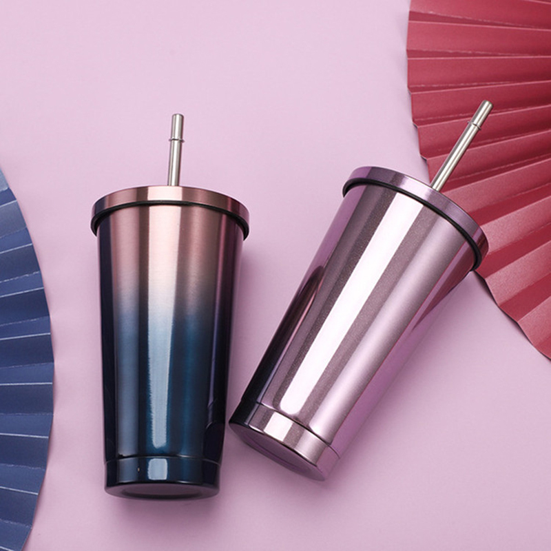16oz Sport Metal Termos Double Wall Vacuum Water Bottle Drink Coffee Cup Outdoors Driving Travel Tumbler Mug with Straw