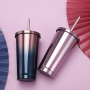 16oz Sport Metal Termos Double Wall Vacuum Water Bottle Drink Coffee Cup Outdoors Driving Travel Tumbler Mug with Straw