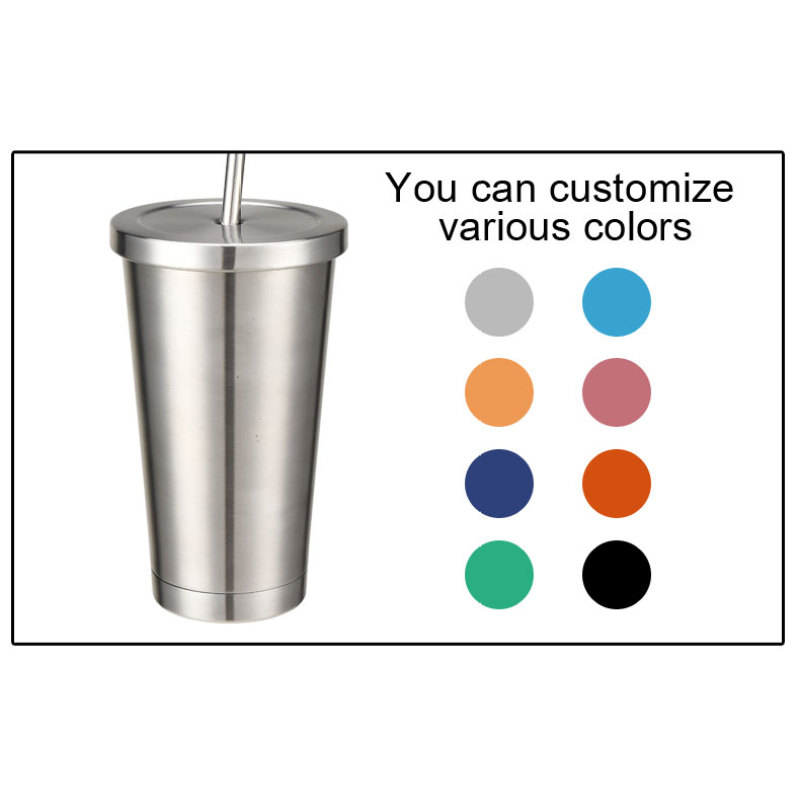 16oz Sport Metal Termos Double Wall Vacuum Water Bottle Drink Coffee Cup Outdoors Driving Travel Tumbler Mug with Straw