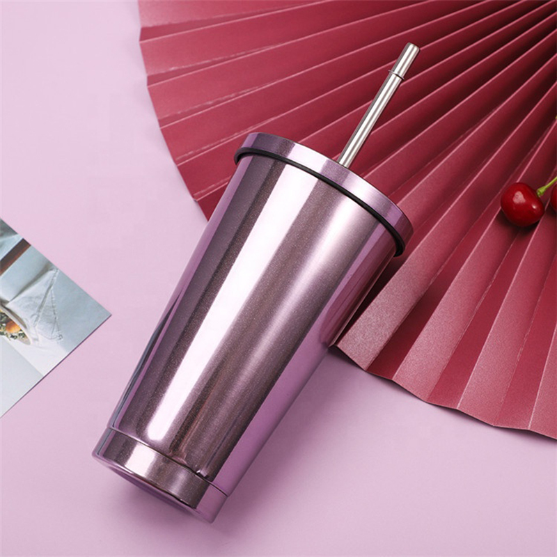16oz Sport Metal Termos Double Wall Vacuum Water Bottle Drink Coffee Cup Outdoors Driving Travel Tumbler Mug with Straw