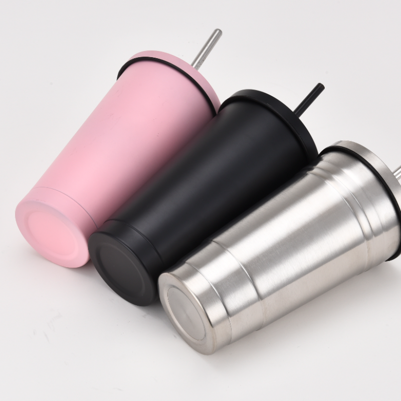 16oz Sport Metal Termos Double Wall Vacuum Water Bottle Drink Coffee Cup Outdoors Driving Travel Tumbler Mug with Straw