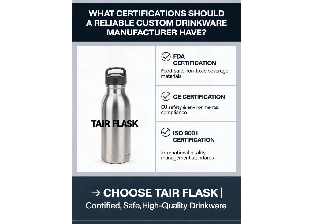 What certifications (FDA, CE, ISO9001) should a reliable custom drinkware manufacturer have?