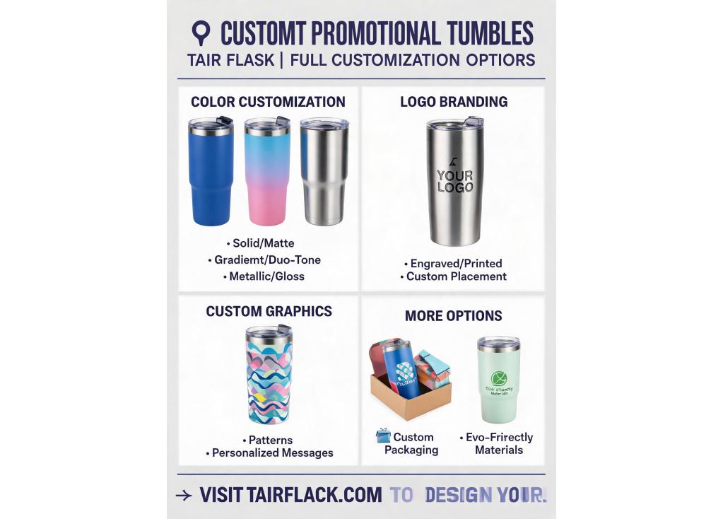 What customization options are available for colors and branding on promotional tumblers?
