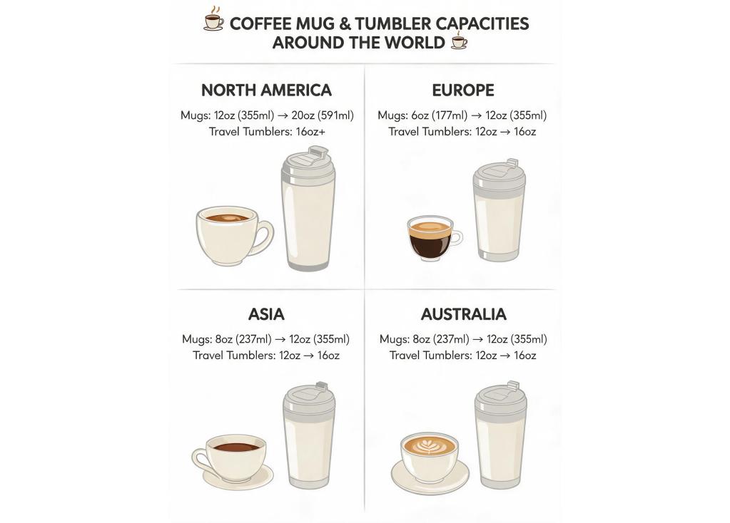 What are the popular capacities for coffee mugs and travel tumblers in different regions?