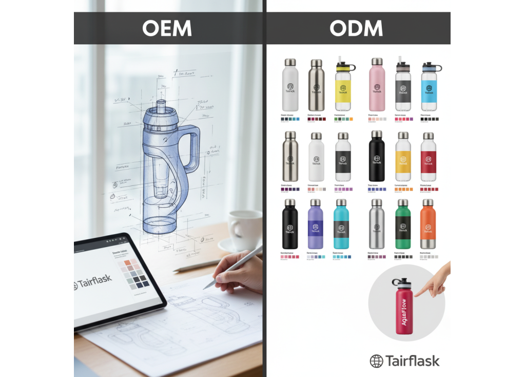 What is the difference between OEM and ODM services for custom water bottles?