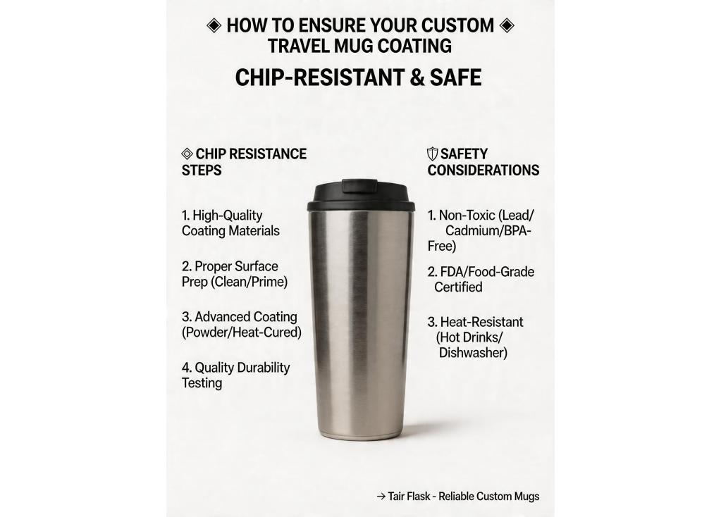 How to ensure the coating or paint on a custom travel mug is chip-resistant and safe?