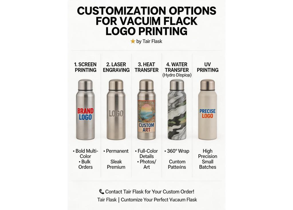 What customization options are available for logo printing on vacuum flasks (e.g., screen printing, laser engraving)?