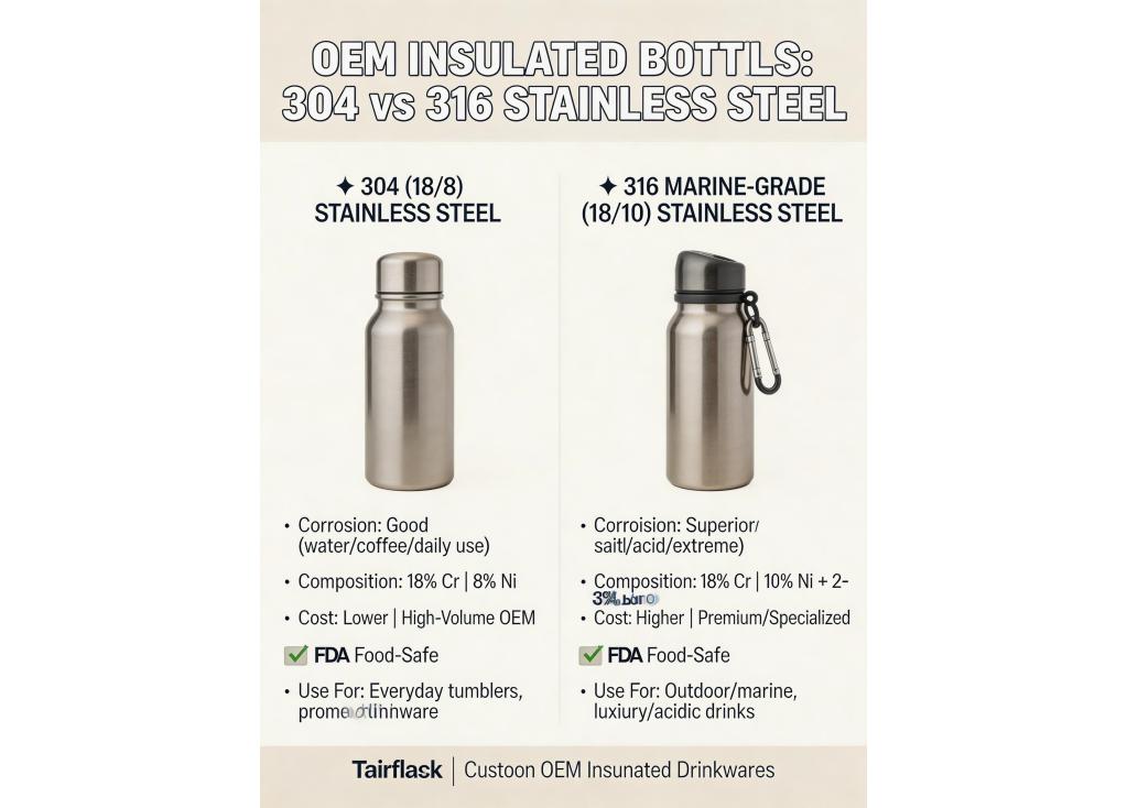 What are the material choices for OEM insulated bottles (e.g., 304 vs 316 stainless steel)?