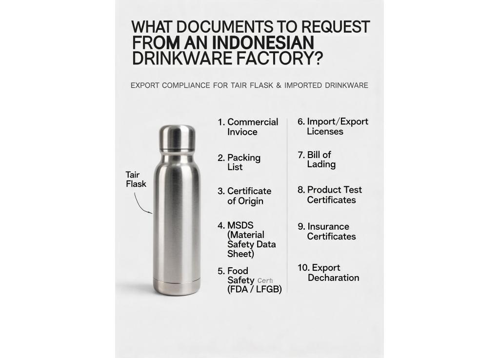What documentation should I request from an Indonesian drinkware factory for export compliance?