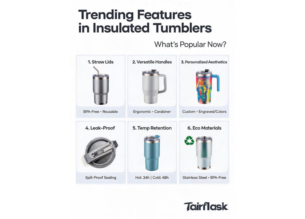 Are there trending features in insulated tumblers, like straw lids or handle designs?