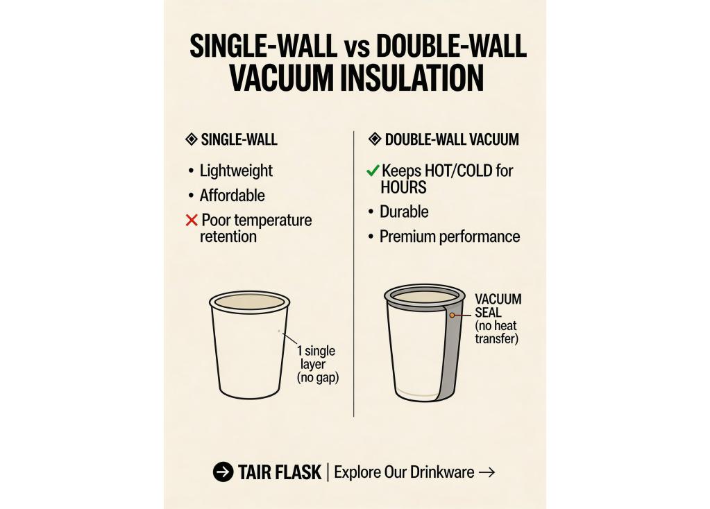 What is the difference between single-wall and double-wall vacuum insulation in drinkware?