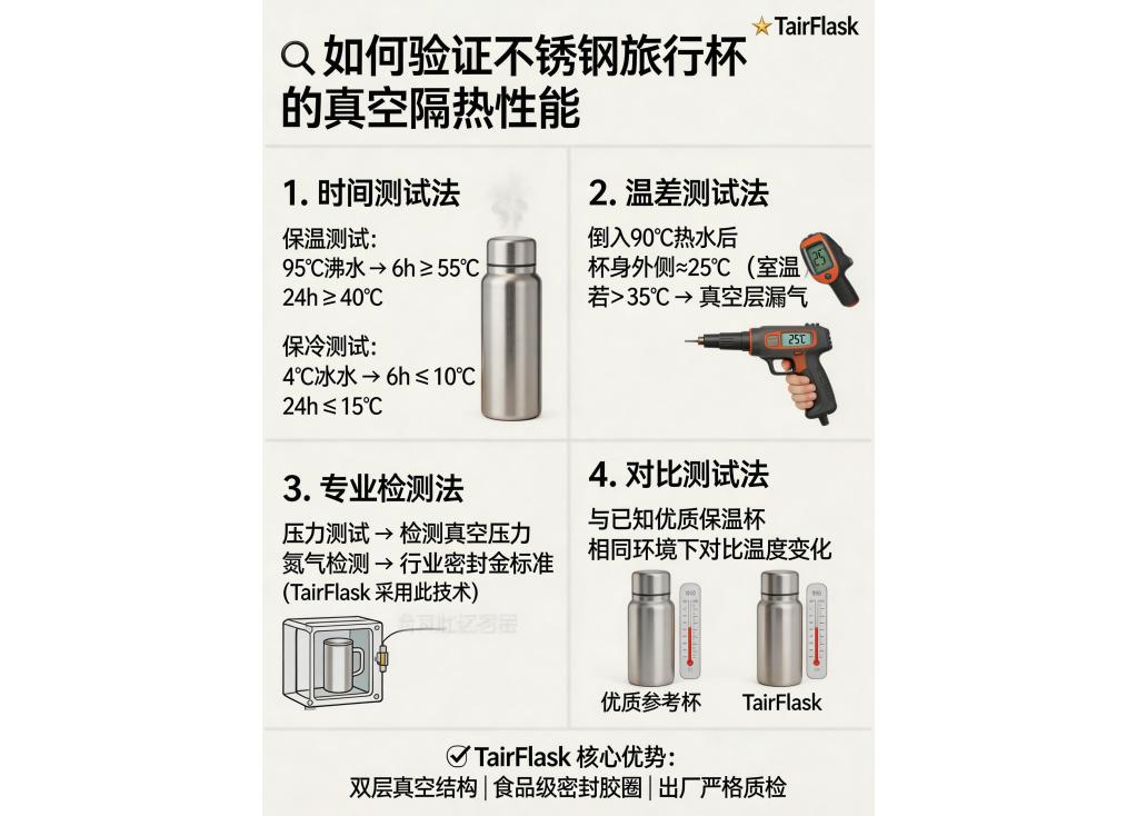 How do I verify the vacuum insulation performance of stainless steel travel tumblers?