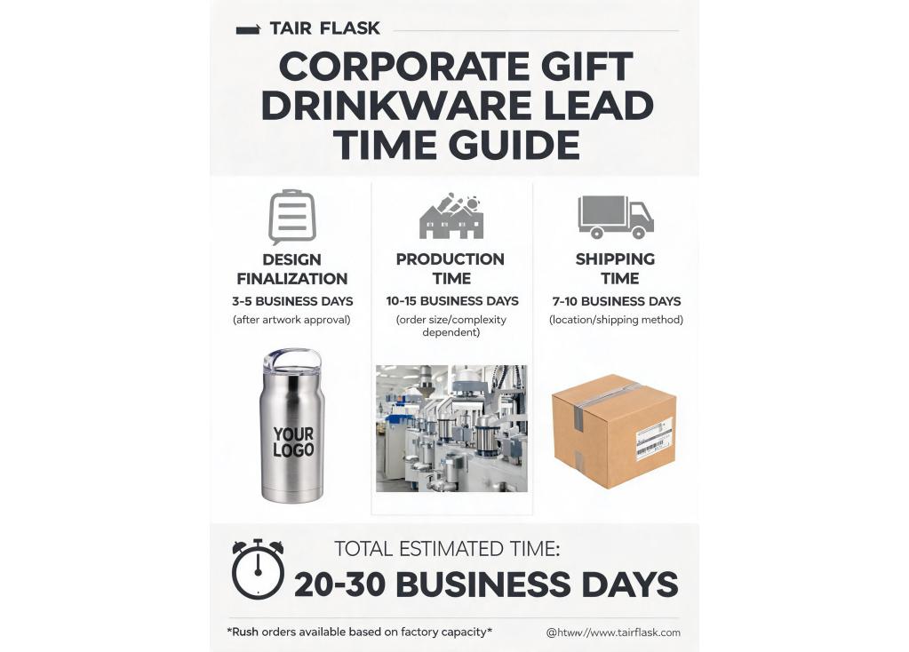 How long does the production lead time typically take for corporate gift drinkware orders?