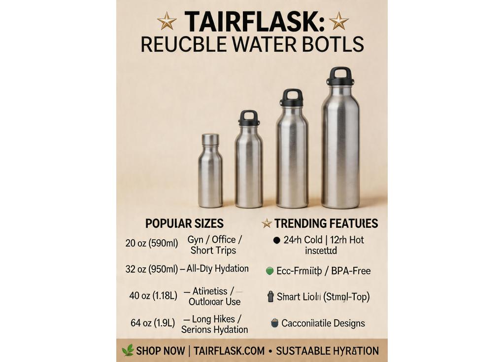 What are the current popular sizes and designs for reusable water bottles in the market?