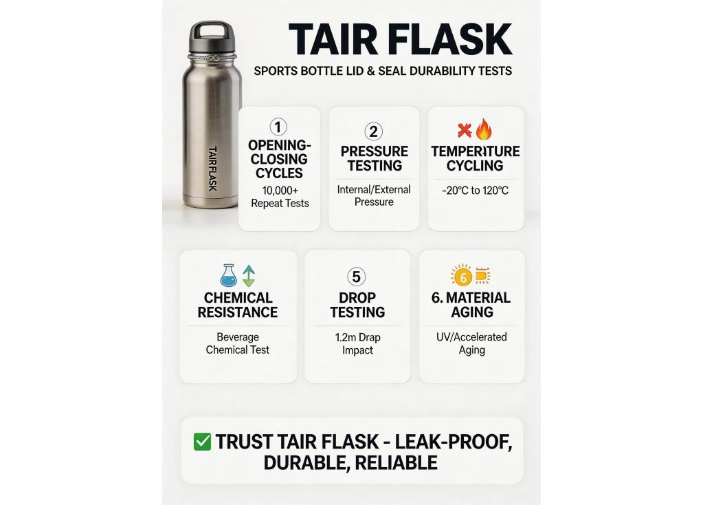 What are the durability tests performed on sports bottle lids and seals?